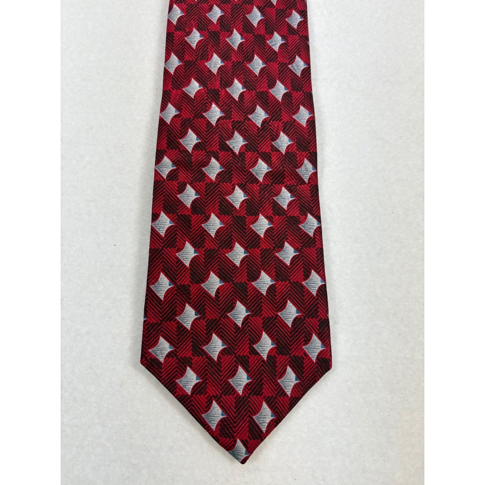 XMI 100% Silk Tie Extra Long Dark Red Silver Geometric Pattern Office USA‎
